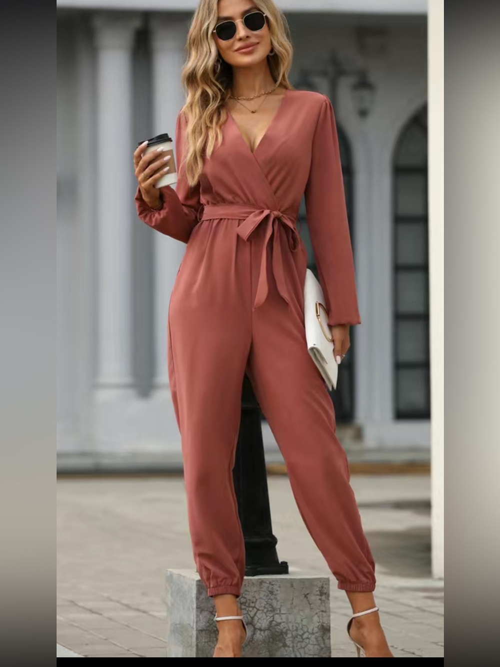 Private Label Dusty Rose Long Sleeve Tie-Waist Jumpsuit